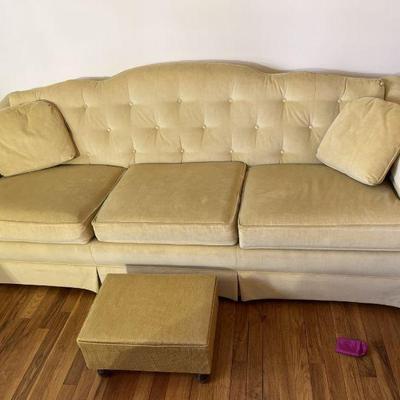 Clyde Pearson yellow couch 86â€ with foot stool