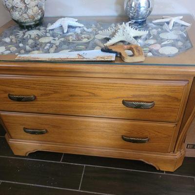 Small two drawer, oak cabinet