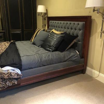 Fabulous king sized bed with padded blue velvet head & footboard