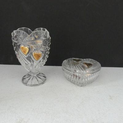 Vintage Anna Hütte Bleikristall 24% Lead Crystal Heart Shaped Trinket Box and Pedestal Vase