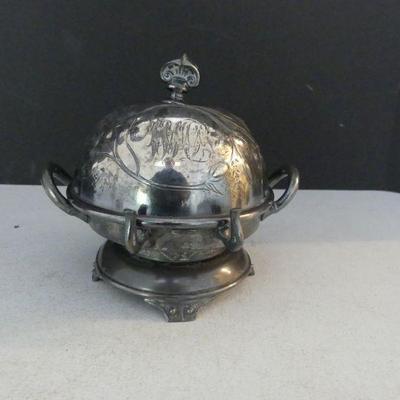 Antique 1880s-1890s Wilcox Silver Plate Co. Butter Dome with Glass Liner - Lotus Pattern, Monogrammed