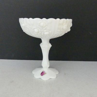 Vintage Fenton Rose Milk Glass Pedestal Candy Dish/Compote/Chalice