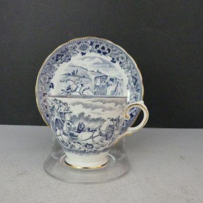Vintage Tuscan Fine Bone China Stagecoach Scene/Gold Trim Footed Cup & Saucer Set
