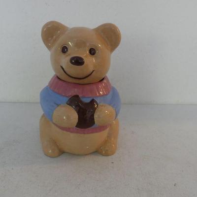 Vintage 1991 Teddy Bear in Blue Sweater with Pink Trim Ceramic Cookie Jar