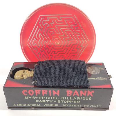 Tin Windup Coffin Coin Bank & Mercury Maze Puzzle