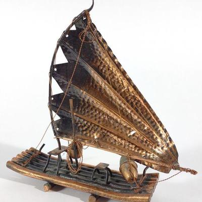 Handmade Copper Sailboat Raft Sculpture