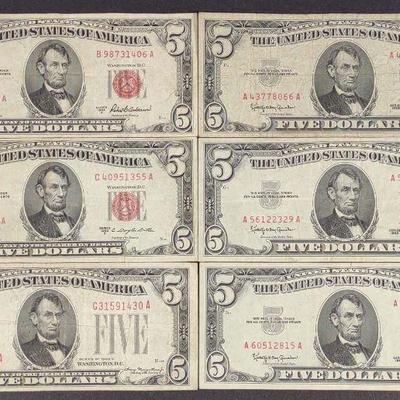 Six Red Seal $5 US Bank Notes