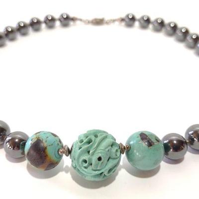 Vintage Turquoise Carved Bead Necklace