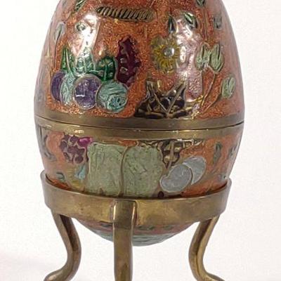 Enameled Brass Egg Trinket Box on Footed Stand