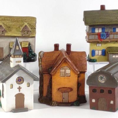 5 Vintage Ceramic Painted Christmas Houses