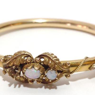 14K Gold & Opal Victorian Hinge Bangle Bracelet