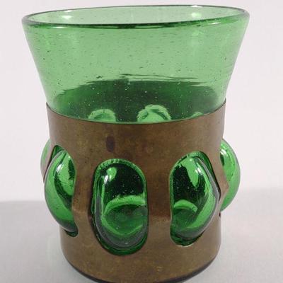 Mid Century Blown Emerald Green & Brass Bar Glass