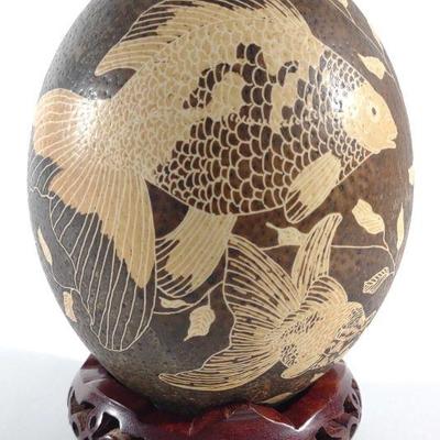 Signed Koi Fish Ostrich Egg Art