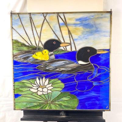  Large Stained Glass with Ducks ~ Hardware to Hang Attached ~ Measures 24