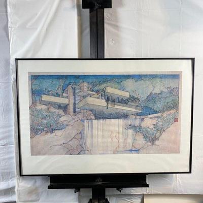  Large Lithograph Shows Frank Lloyd Wright's "Falling Water" Kaufman House PA. 1935 ~ 36" x 24" Framed
