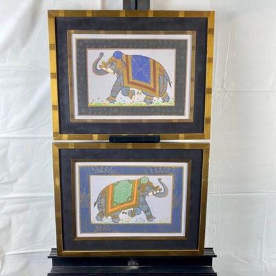 Set of Two Exotic Silk Screens showing Colorful Elephants in Gold Frame ~ 18