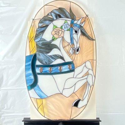  Large Oval Stained Glass Piece ~ Horse~ Chain to Hang Attached ~ Measures 20" x 33" Tall