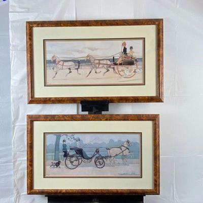 Set of Two Framed Lithographs by Unknown Artist in Beautiful Burl Wood Frames 17