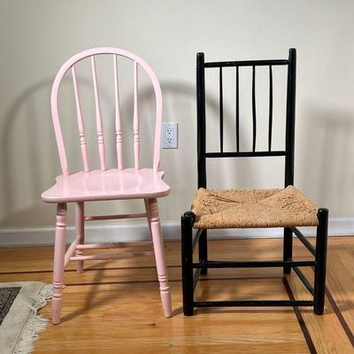 (2PC) SIDE CHAIRS | Including a pink painted chair, and a black painted chair with rush seat - l. 16 x w. 18 x h. 35 in 