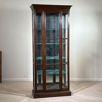 LIGHTED DISPLAY CASE | Single door with glass panel front and sides, mirrored back, with adjustable glass shelves . - l. 32 x w. 13 x h....