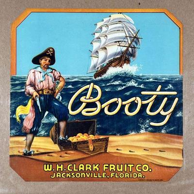 BOOTY FRUIT CRATE LABEL | Showing a pirate before a chest filled with fruits; W. H. Clark fruit Co. Jacksonville, Florida. 