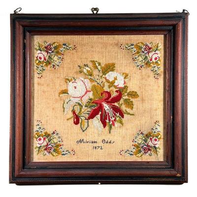 19TH CENTURY NEEDLEPOINT | Antique needlepoint By Miriam Oddy 1872 showing orchids and roses. w. 20.5 x h. 19.5 in  