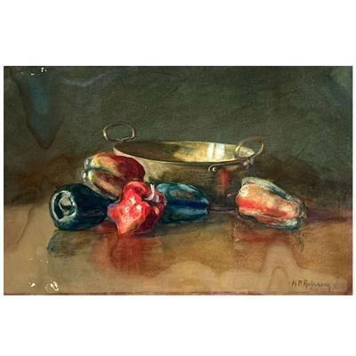 AMERICAN SCHOOL (19TH/20TH CENTURY) | still life of peppers and bowl mixed media on paper laid on board signed lower right 