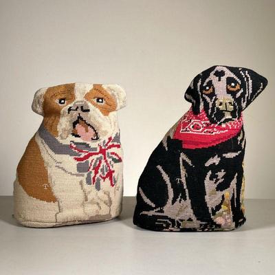 (2PC) TABLEAU NEEDLEPOINT DOGS | Including a black dog with a bandana and a bulldog with a bow collar - h. 13 in 