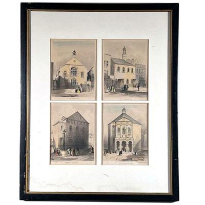 W. G. HERDMAN ETCHINGS | Colored etching showing churches of Liverpool: St. Matthews, St. Stephenâ€™s, Bennâ€™s Garden, and St....