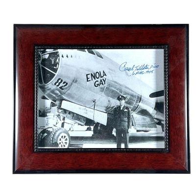 PAUL TIBBETS / ENOLA GAY SIGNED PHOTO | Paul Tibbets pilot autograph, in a wood frame - w. 13.5 x h. 11.5 in (frame) 