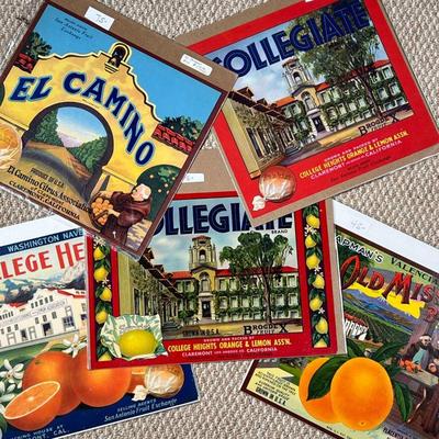 (5PC) VINTAGE ORANGE & CITRUS POSTERS | Includes: College Heights, El Camino, Collegiate Brand, & Chapmans Old Mission Brand - w. 12.5 x...