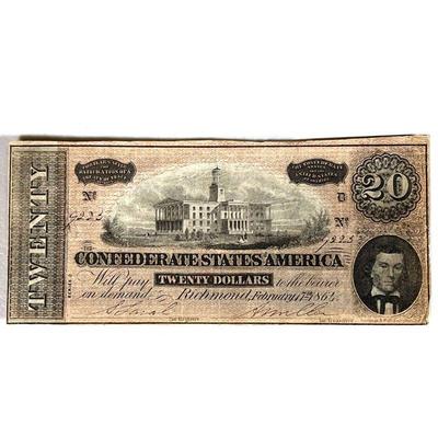 CONFEDERATE TWENTY DOLLAR BILL | Confederate States of America twenty-dollar bill printed in 1862; l. 8 in (in protective sleeve)  