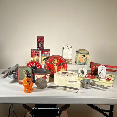 LARGE COLLECTION OF TIN TOYS & KITCHEN TOOLS | Includes potato masher, timer, vintage thermometer, clock, and various tin containers...