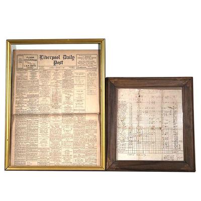 (2PC) FRAMED BRITISH EPHEMERA | Includes framed copy of the Liverpool Daily Post from Oct. 2. 1937 & framed logbook entry of property...