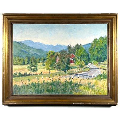 EDITH R. ABBOT (1876-1964) NAWA | valley farmscape; oil on artists board; 18 x 24 in. (Sight)
Born in Hartford, CT and living most of her...