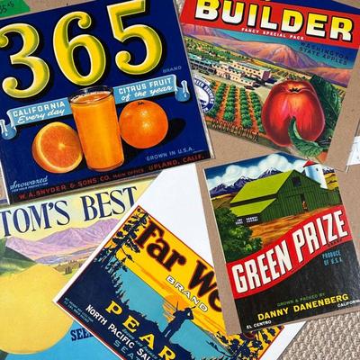 (5PC) VINTAGE FRUIT CRATE LABELS | Includes: Empire Builder Fancy Special Pack, 365 Brand, Green Prize, Fair West Brand Peaches, &...