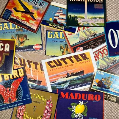 (8PC) VINTAGE PRODUCE BRAND POSTERS; SHIPS - Including galleon Ventura County lemons; Mayflower; Schooner Brand; out of the West, Santa...