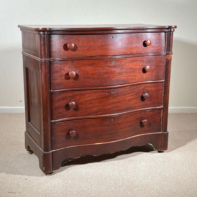 MAHOGANY-VENEER ANTIQUE BUREAU | Antique serpentine dresser with turned round handles and 4 drawers. l. 21 x w. 42.5 x h. 40 in  