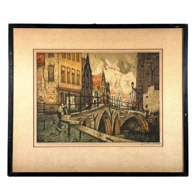 VAN SANTEN ETCHING | Titled “Old Bruges” 16x12in subject. w. 22 x h. 18.75 in (Frame)  