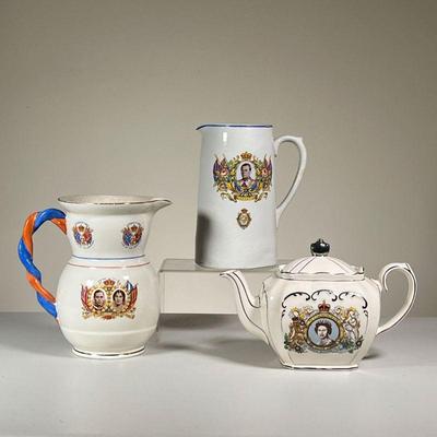 (3PC) CORONATION PITCHERS & TEAPOT | Includes 2 pitchers celebrating the coronation of Edward and Elizabeth & teapot celebrating the...
