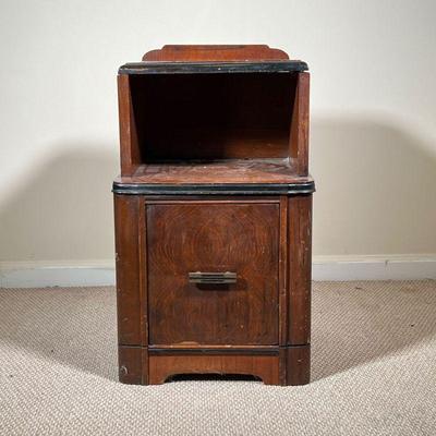 MAHOGANY NIGHTSTAND | Small side table with an open top shelf over a lower drawer of large size - l. 14 x w. 15 x h. 25.5 in 