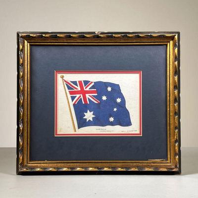 AUSTRALIAN FLAG LINEN PRINT | Printed on fabric (cotton or linen possibly) Showing a waving Australian flag on a flag pole; with the...
