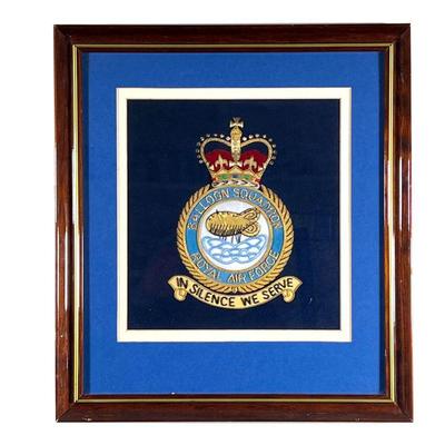 EMBROIDERED ROYAL AIR FORCE PATCH | Embroidered patch of the RAF Balloon Squadron with Royal imagery. 8.5x9in, sight - w. 14.5 x h. 16 in...