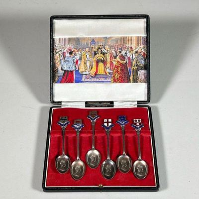 (6PC) QUEEN ELIZABETH CORONATION SOUVENIR SPOONS | Including six souvenir spoons for Worcester, Oxford, Caernarvon, London, Cambridge,...