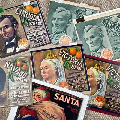 (7PC) VINTAGE FRUIT CRATE LABELS; PEOPLE | Includes: Queen Victoria Brand, Lincoln Brand, a Navajo Brand, & Santa from Santa Paula fruit...