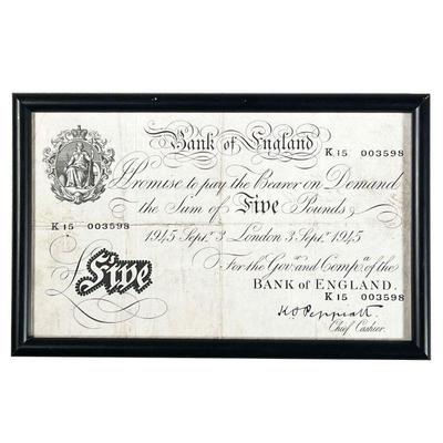 1945 ENGLISH FIVE POUND NOTE | Framed with Robert Johnson Coin Co. on verso; l. 8.75 x h. 5.5 in  