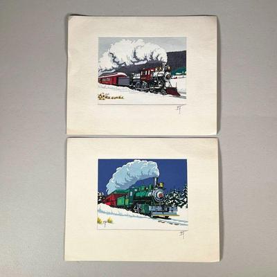 (2PC) E. TONE SILK SCREEN PRINTS | 2 Steam engine locomotives traveling through snowy wilderness, each signed with initials lower right;...