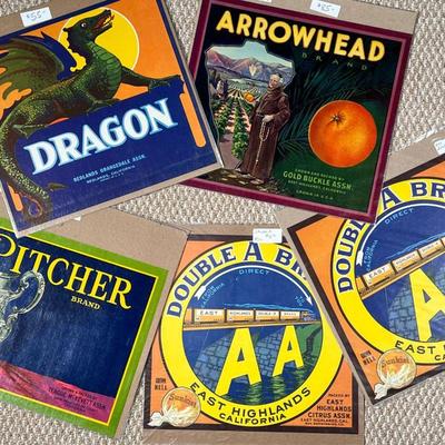 (5PC) MISC VINTAGE PRODUCE BRAND POSTERS | Including dragon, Redlands, Orangedale association; arrowhead brand; pitcher brand; and two...