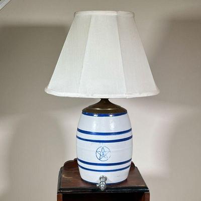 BARREL FORM WATER COOLER | Star Stoneware, Crooksville, OH (1892-1945) blue and white stoneware water cooler, original tap, drilled &...