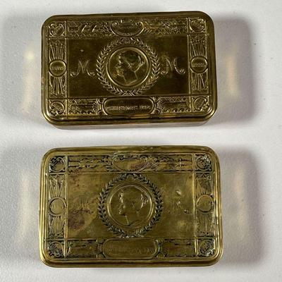 (2PC) BRASS ROYAL CHRISTMAS BOXES | 2 1914 Brass Royal Christmas boxes from Princess Mary. Stamped with a portrait of the princess...